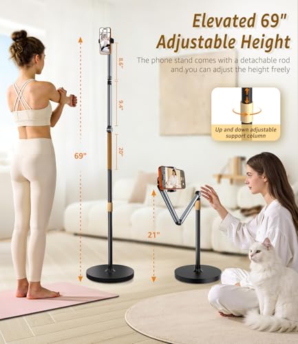 Phone Floor Stand, Cell Phone Stand with Flexible Arm for Bed, 69" Height Adjustable iPhone Stand, Stable Overhead Tripod with 360°Rotatable Phone Holder & Remote for Recording, Sofa, Desk
