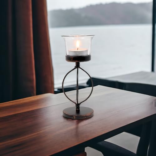 Hosley Bulk Buy Set of 6 Metal & Glass Tea Light Candle Holders for Home Decor, Lighting, Wedding, Parties, Gifting, LED Tea Light Gardens - color: Bronze1