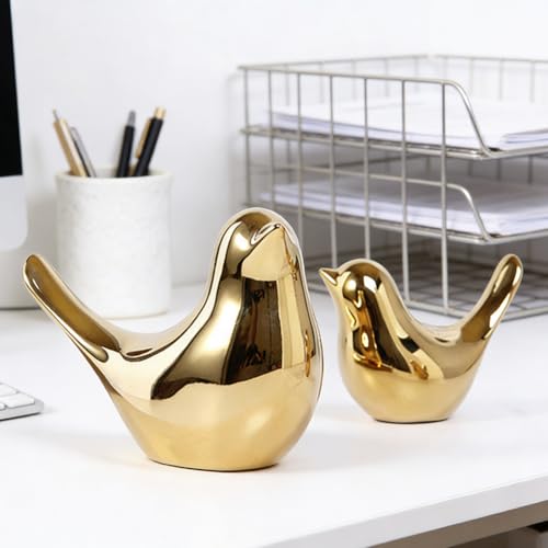 2 Pieces Decor Ceramic Bird Figurines Small Bird Statues Home Decorative Modern Style Figurine Decor for Living Room,Bedroom,Desk,Bookshelf,Shelf,Coffee Table, Fireplace Mantel (Gold) - color: Gold