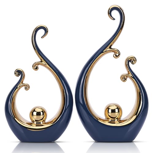 LCCCK Glossy Blue and Gold Decor Ceramic Statue, Modern Abstract Sculpture Art for Luxury Centerpiece - Shelves Bookshelf&Dining Table Decorations, Entryway Coffee Table Tv Stand Home Decor - color: Blue Gold