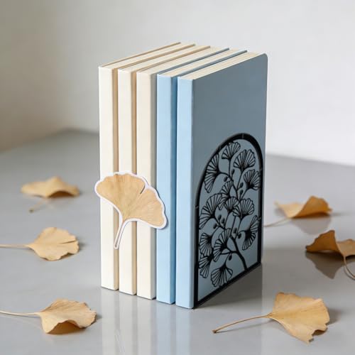 WADORN 1 Pair Botanical Leaf Decorative Bookends Ginkgo Leaf Heavy Duty Metal Book Ends Black Novelty Book Holder Stopper for Home Office Bookshelf Library Desk Decoration 5.3x4.3x7.9 Inch - color: Ginkgo Leaf