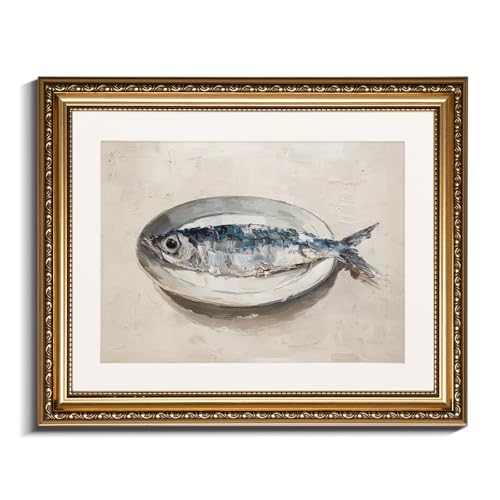 InSimSea Gold Framed Wall Art, Kitchen Dining Room Vintage Sardine on the Plate Wall Decor, Still Life Canvas Print Art, Home Farmhouse Decor, Antique Paintings with Picture Frame 13x16inch - color: Sardine on the Plate, size: 16"L x 13"W