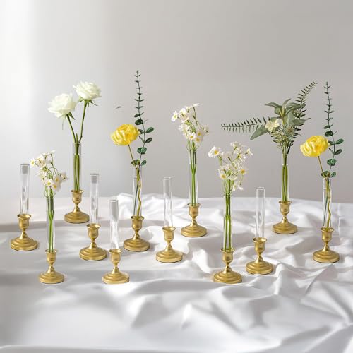Bud Vases for Wedding Centerpieces: Set of 12 Clear Glass Flower Vase with Candlestick Holders for Table Party Decor - size: 12 PCs