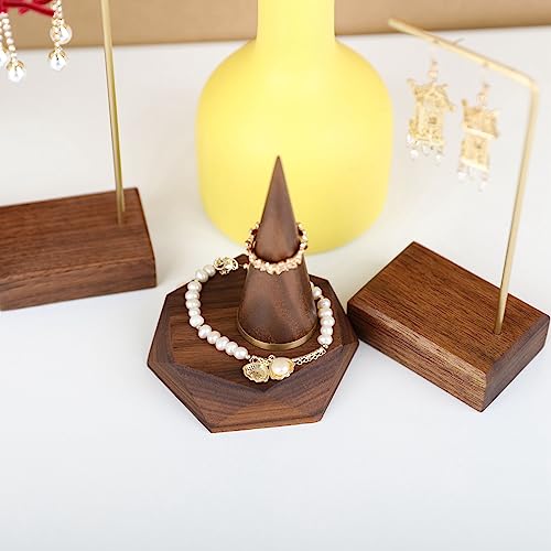 GemeShou wood ring holder for jewelry, 2pcs ring display stand with brass base, walnut ring cone stands for jewelry selling【Ring holder-2pcs】