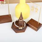 GemeShou wood ring holder for jewelry, 2pcs ring display stand with brass base, walnut ring cone stands for jewelry selling【Ring holder-2pcs】