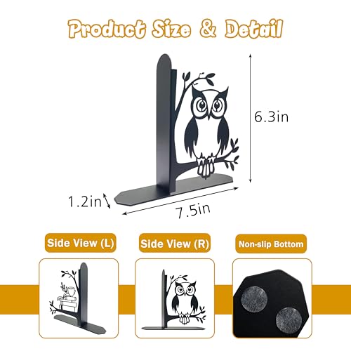 Owl and Books Metal Bookends Cute Owl Book Ends for Shelves Bookshelf Decorative Objects Home Office Desk Gift for Owl Lover（Black）