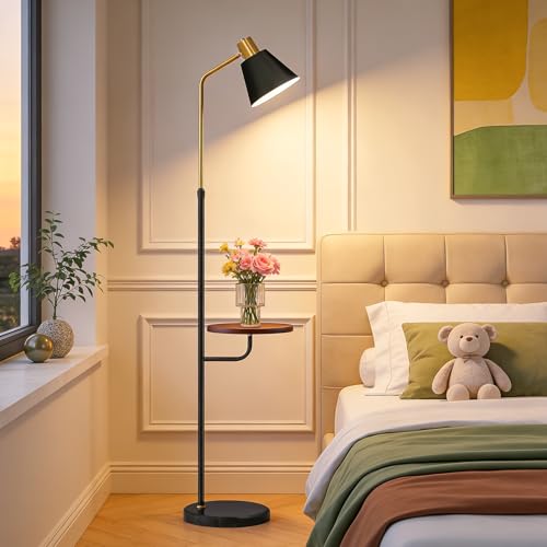 Black Floor Lamp with Walnut Side Table for Living Room Bedroom, Modern Standing Lamp 12W LED 3-Color Dimmable 3000K/4500K/6500K, Adjustable Reading Light with Shelf for Home Office Corner end - color: Black Table