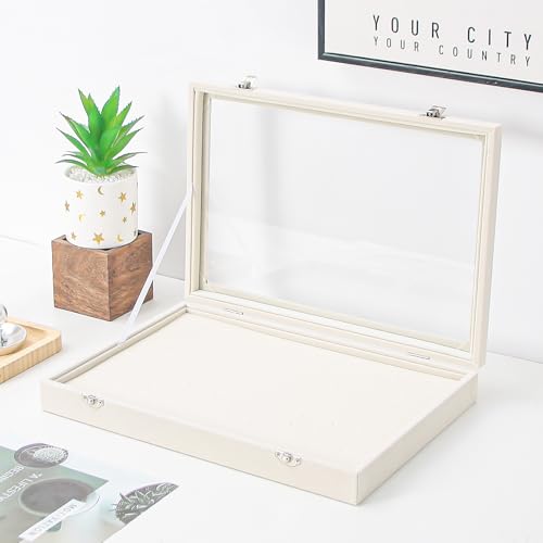 Coward Ring Organizer Jewelry Box, Beige Velvet 100 Slots Ring Display Tray Case with Transparent Glass Lid for Home Use or Store Selling Show - color: Beige Velvet, size: Ring Box
