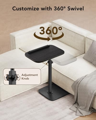 HUANUO Adjustable TV Tray, Height Adjustment TV Trays with 360° Swivel and 90° Tilt, Sturdy & Multi-Functional Sofa Table with Anti-Slip Bar, Space-Saving Side Table for Couch, Bedside, and Dining Use - color: Black