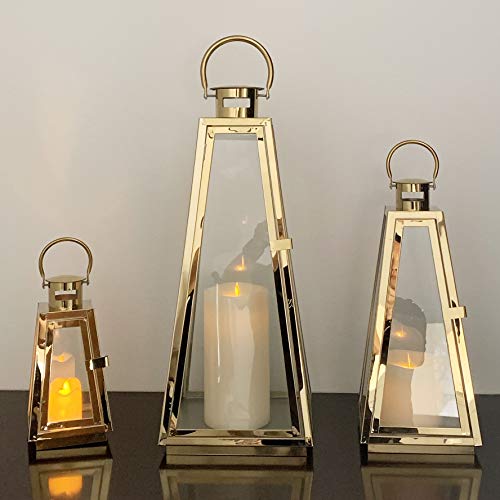 Allgala 3-PC Lantern Set 24 Inch Jumbo Deluxe Modern Indoor/Outdoor Candle Lantern Set Gold Stainless Steel Tapered Trapezoid Frame with Tempered Glass for Garden Patio Fireplace Wedding - color: Taper Gold