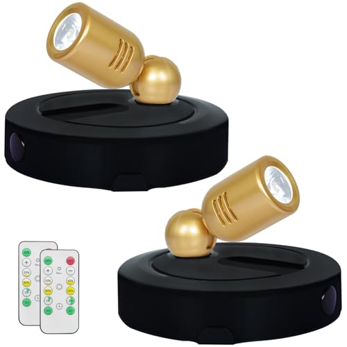 HAMVIDNE LED Spotlight, Battery Powered Spot Lights with Remote, Tree Up Lights Indoor, Dimmable Plants Spotlights, Picture Light for Wall Art Display Dartboard Painting Artwork Accent-2Pack - color: Black-Gold