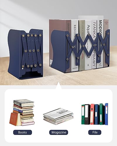 Honagu Adjustable Bookends, Metal Book Ends for Shelves Heavy Book, Desk Magazine File Organizer for Home, Office, Books, Papers, Extends up to 19 inches (Royal Blue) - color: Royal Blue