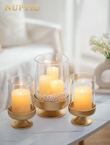 NUPTIO Candle Holders for Pillar Candles: Gold Large Holders with Hurricane Glass Sleeve for Outdoor - Brass Stands Set of 3 for Fireplace Table Centerpiece