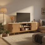 EROMMY 70" Fluted TV Stand, TV Entertainment Center with Storage for TVs Up to 80", Modern TV Console with Faux Marble Top, Curved Design, Tambour Sliding Doors (Natural Oak) - color: Natural Oak