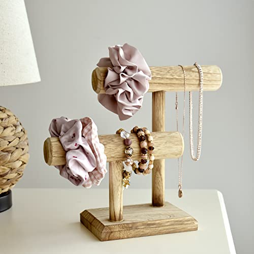 Ikee Design 2 Tier Wooden Jewelry Bracelet Watch Display Tower, Bangle Scrunchie Necklace Holder Storage Stand, Oak Color, 7.9 W x 4.3 D x 9.4 H in - color: Oak