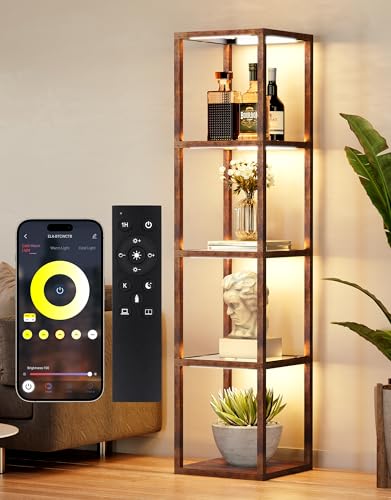 PARTPHONER Floor Lamp Glass Display Shelf with Remote/APP Control, Dimmable LED Floor Lamp with Shelves, Open Display Cabinet, Color Temp Control (2700K-6000K), Rustic Brown - color: Rustic Brown