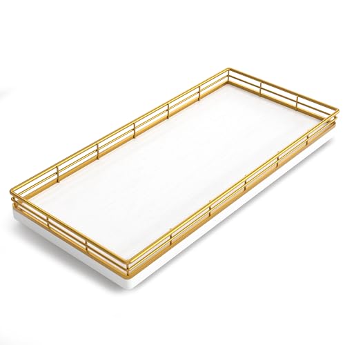 Bathroom Toilet Tank Tray, 13" Wood Toilet Paper Storage Basket Tray Back of Toilet Basket Organizer,Vanity Tray for Perfume Makeup Candle Decor, Gold & White - color: Gold & White, size: 13" x 6.5" x 1.5"