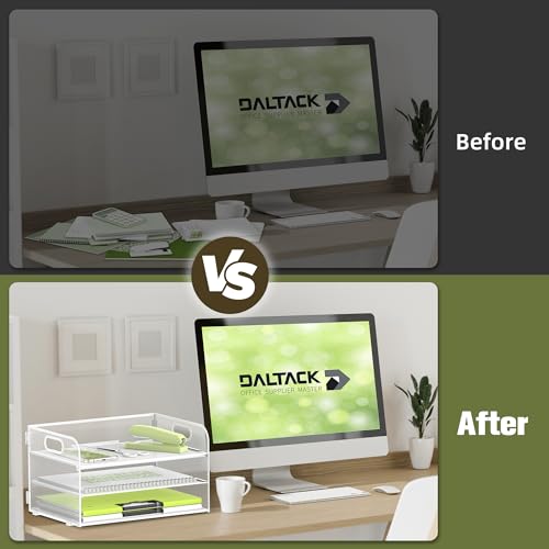 DALTACK 3 Tier Paper Organizer with Handle, Mesh Metal Desk Organizer with Sliding Paper Trays for Letter/A4 Paper, Mail, Bills & Folders, White - color: White