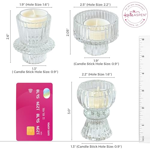Kate Aspen Vintage Ribbed Glass Black Candlestick Holders, Pillar Candle, Tealight & Votive Candle Holders (Set of 6, 3 Assorted Sizes), Dining Table Decor, Shelf Decor, Centerpiece - color: Clear