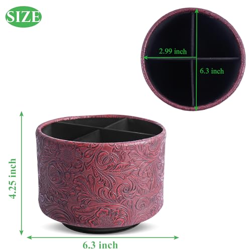 lizimandu Round Leather Art Supply Organizer,Remote Control Holder,360 Degree Spinning,Multi-Functional Pencil Holder,4 Compartments Desktop Stationary Organizer(1-Carved Red) - color: 1-Carved Red