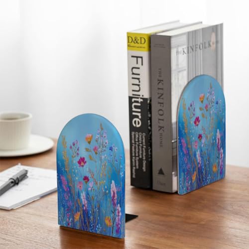 Wood Book Ends for Shelves Wildflowers On Blue Floral Art Bookends for Heavy Books CDs Organizer Decorative Wooden Book Stopper Holders for Home Office Desk,6.7x4.2x4in,Set of 2 - size: 6.7x4.2x4in