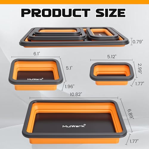 Mulwark 4Pcs Collapsible Magnetic Tray with 15Lb Magnetic Pickup Tool, 3 Sizes Silicone Magnetic Parts Tray for Organizing Screw Bolts Nuts Washers Pins and Other Small Metal Parts