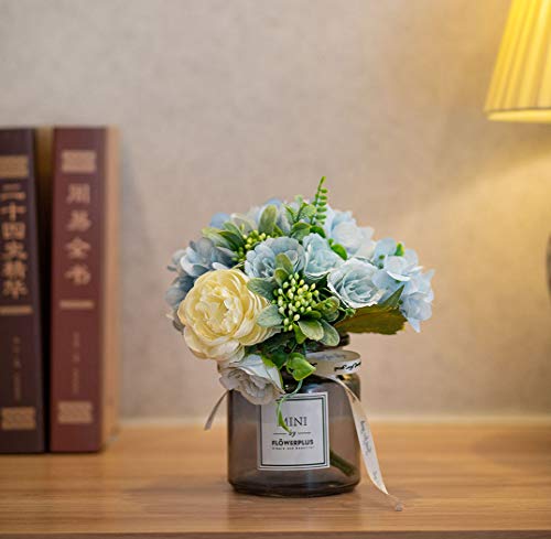 MOOMASS Artificial Flowers with Vase, Hydrangea Hand Bouquet and vase, Ins Style Artificial Flower Set, Suitable for Living Room, Dining Table, Office, Wedding, Hotel Banquet Home Decoration. (Blue) - color: Blue + Beige