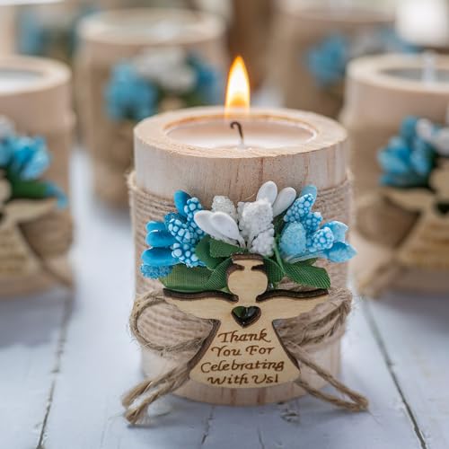 10 Pcs Handmade Wooden Tea Candle Holders, Baptism Gift, Baby Birthday Party Favors, Christening Guest Favors . (Light brown - blue) - color: Light Brown - Blue