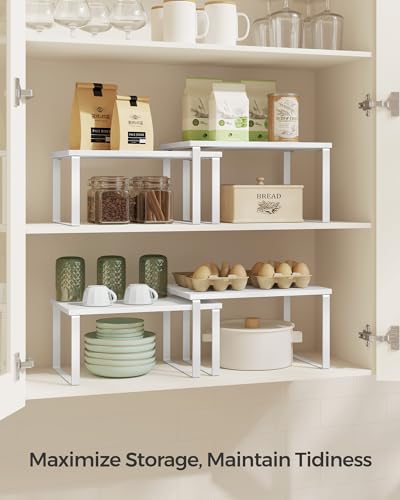 SONGMICS Cabinet Organizer Shelf, Set of 2 Kitchen Counter Shelves, Kitchen Storage, Spice Rack, Stackable, Expandable, Metal and Engineered Wood, Cloud White and Snow White UKCS02W01 - color: Cloud White + Snow White, size: 11.7"W