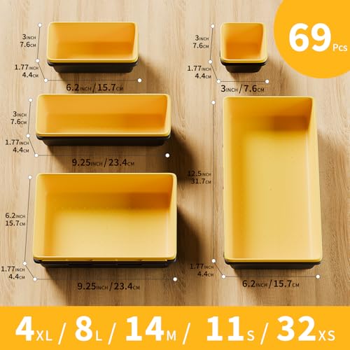 [5 Sizes] [69 PCS] Tool Drawer Organizer, Tool Box Tray, Desk Drawer Tray, Rolling Tool Chest, Toolbox Organzier (Black+Yellow) - color: Black+Yellow