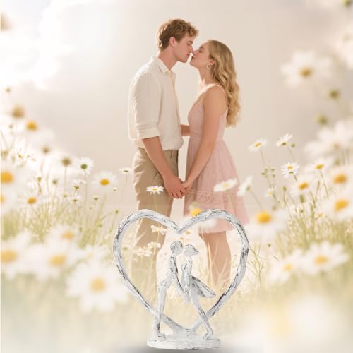 Anniversary Wedding Gift for Her Wife Husband Couple，Antique White Metal Couple Figurine Heart Sculpture Love Statue，Romantic 1st to 60th Anniversary,Includes Present Box and Gift Card，Valentines Gift - color: Antique White