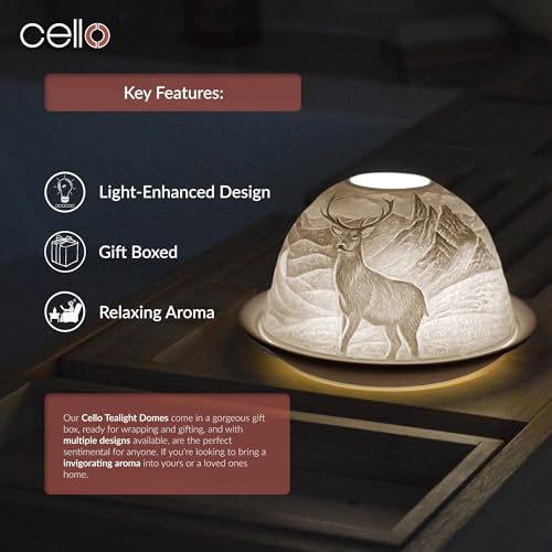 Cello Porcelain Tealight Holder Dome - Highland Stag Design with 3D Projection Image & Message Scented Unscented LED Candle Wax Warmer Animal Nature Deer Gifts Ornament Home Birthday Easter Present