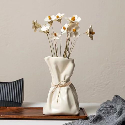 FOWSEEK 7.5IN White Ceramic Vase, Irregular Flower Vase Modern Art Decorative Vase for Flowers, Unique Paper Bag Vase for Home Office Centerpieces Entryway Bookshelf Living Room Table Decor - color: Cream Ceramic, size: Large