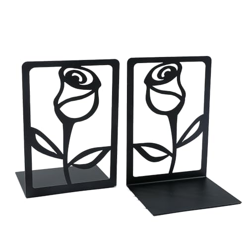 Creative Rose Flower Metal Bookends -Used for Heavy Book Organization, Black L Shaped Book Stand Holder for Home Office Desk, Creative Gift for Dads and Loved Ones (Rose Bookend) - color: Rose Bookend