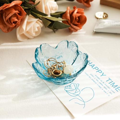 Friendship Gifts for Women Blue Flower Jewelry Ring Dish Tray,Decorative Glass Trinket Dish,Room Decor Aesthetic, Modern Accent Tray for Vanity (Blue) - color: Blue