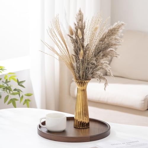 SURE YUESI 7.68” Gold Ribbed Ceramic Vase, Minimalist Farmhouse Vase for Pampas Grass, Centerpiece, Coffee Table, Kitchen, Office & Home Decor - color: Gold