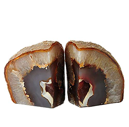 AMOYSTONE Agate Geode Bookends Decorative Crystal Stone Book Ends Heavy Duty Home Office Decor Nature Brown with Rubber Bumpers(1 Pair, 6-8 LBS) - color: Nature, size: 6-8LBS
