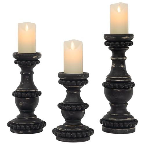 Set of 3 Large Candle Holders for Pillar Candles, Farmhouse Wood Candle Holder, Vintage Wooden Beaded Candlestick Holders for Table Centerpieces, Fireplace Mantel Decor (Black) - color: Black
