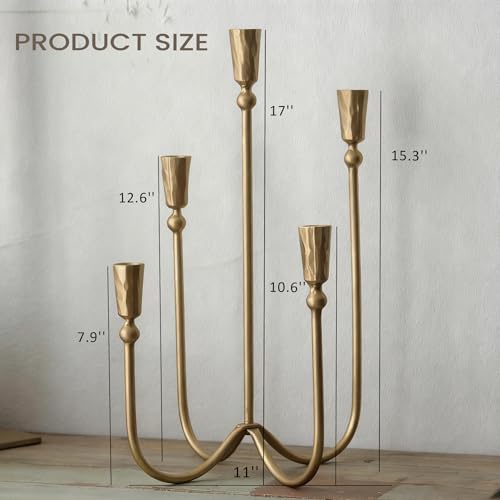 Large Iron Candelabra Centerpieces for Tables, 17.7'' Tall Taper Candle Holders, Vintage Brass Gold Candlestick Holders, Antique Fireplace Mantel Decorations for Living Room, 5 Arms