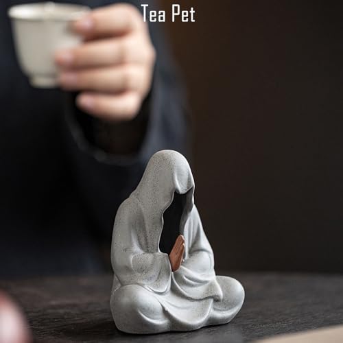 Tea Pet Buddha Statue - 3.7 Inch Faceless Clay Feng Shui Decor, Gongfu Tea Set Companion, Home Office Meditation Desk Ornament (Gray) - color: Gray