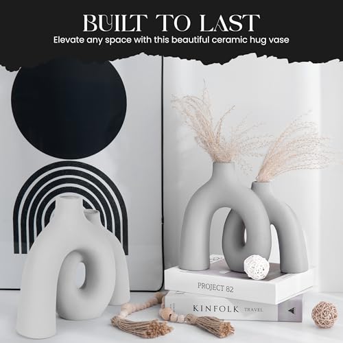 Ceramic Hug Vase (Soft Gray) Modern Donut Style Hugging Vases for Flowers Minimalist Decor – Hollow Ceramic Waterproof Home Decor Vases for Living Room, Bed Room, Book Shelf, Entryway Table. - color: Soft Gray