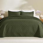 JYHOPE Olive Green Twin Quilt Set 68x90 Lightweight Microfabric Bedspread, 3-Piece Quilt Bedding with Pillow Shams, Summer Cooling Quilts, Ribbon Wrapped Gift - color: Weave Pattern-olive Green, size: Twin(68x90)