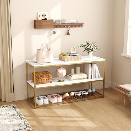 Function Home TV Stand for TVs up to 50 Inch, 2 Tier Entertainment Center, Modern TV Cabinet with Marble Top and Gold Metal Base, 42" Media Console Table with Storage for Living Room Bedroom - color: 42" Gold
