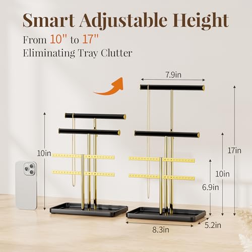 pickpiff Jewelry Holder Organizer with Velvet, Adjustable 10"-17" Tall, Metal Stand for Display Bracelet, Necklace, Earrings, Rings, Black and Gold - color: Gold and Black