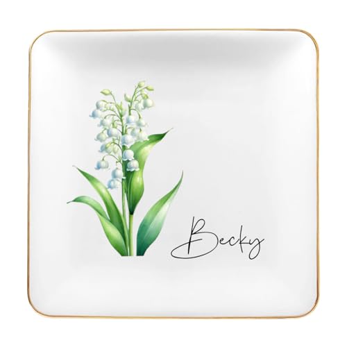 Ship Next Day, Personalized Ceramic Jewelry Dish, Custom Birth Flower & Name Trinket Tray for Mother's Day, Bridesmaid, Birthday Gift - Square - color: Birth Flower Jewelry Tray-square