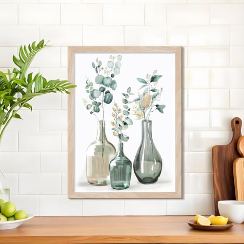 Boho Plant Wall Art Green Botanical 2Pcs Bohemain Framed Wall Printing Neutral Canvas Prints with Eucalyptus Leaf and Glass Bottle Sage Green Wall Decor For Kitchen Dining Room Living Roon Bathroom 16x20IN - color: Plant kitchen Framed, size: 20"L x 16"W