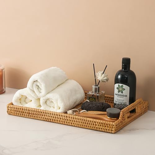 14.5'' Rattan Serving Tray Rectangle with Handles, Vintage Wicker Tray for Decor, Boho Seagrass Coffee Table Basket, Hand Woven Decorative Table Tray for Kitchen, Breakfast, Bathroom, Outdoor - size: 14.5" x 10.6" x 2"
