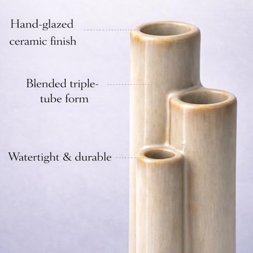 Ceramic Bud Vase, Sculptural Triple Tube Vase in Cream White for Modern Farmhouse & Minimalist Shelf Decor