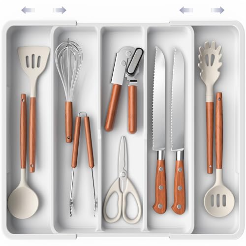 Aujen Silverware Organizer - Expandable Kitchen Drawer Organizer, Adjustable Utensil Organizer, Cutlery Tray for Forks, Knives, Multipurpose Kitchen Organizers and Storage Solution, White, X-Large - color: White, size: X-Large