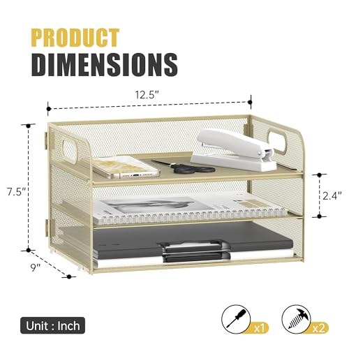 DALTACK 3 Tier Paper Organizer with Handle, Mesh Metal Desk Organizer with Sliding Paper Trays for Letter/A4 Paper, Mail, Bills & Folders, Yellow - color: Golden Yellow